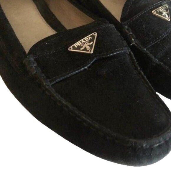 Prada Shoes - Prada Black Suede Metal Logo Drivers Penny Loafers Leather Flats Shoes 39 9